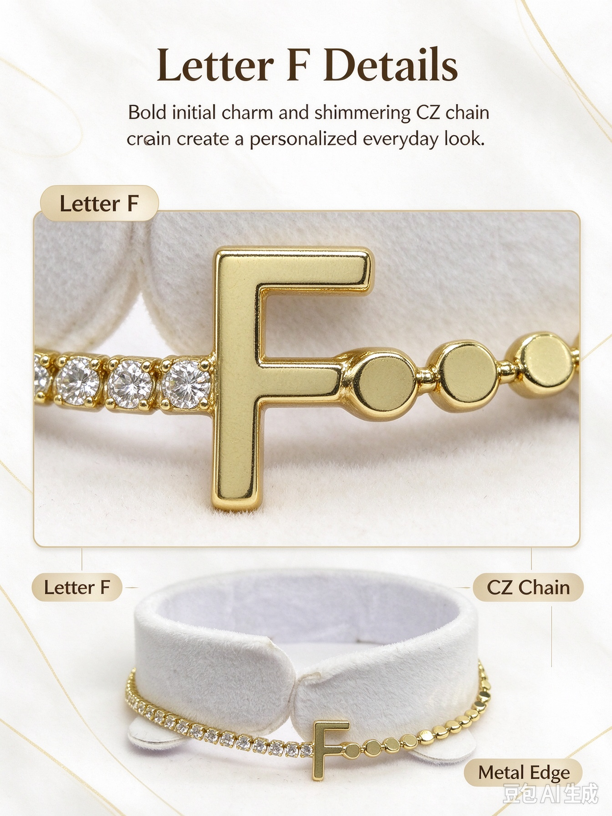 Gold Two-Strand Initial F Bracelet, Dual Chain Letter F Bracelet with Crystal & Bead Chain