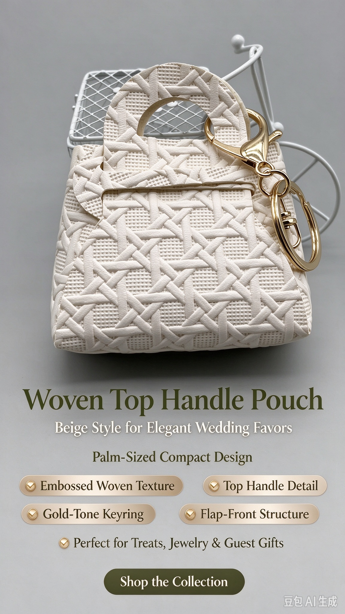 Beige Woven Top Handle Pouch, Elegant Mini Gift Bag with Gold-Tone Keyring for Wedding Favors, Bridal Shower, Party Candy & Guest Gifts