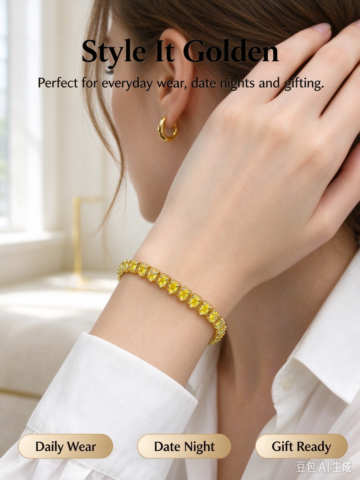 Yellow CZ Tennis Bracelet, Gold Tone Crystal Tennis Bracelet for Women