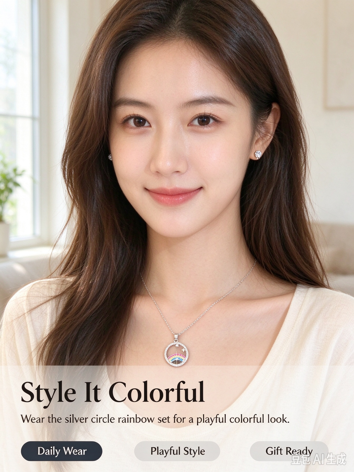 Circle CZ Rainbow Moon Star Necklace and Stud Earring Set, Silver Plated Jewelry Gift Set for Women
