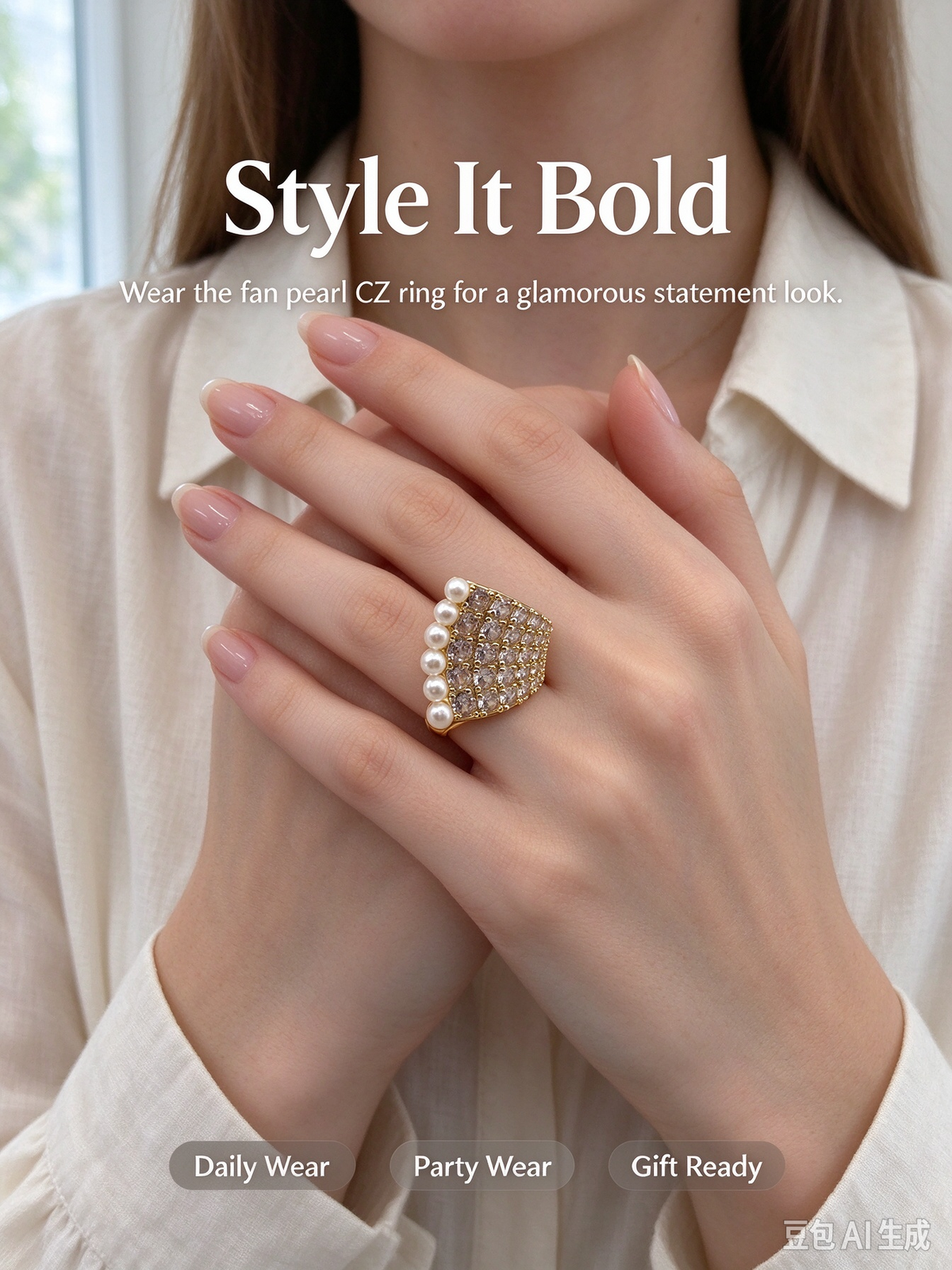 Gold Wide Statement Ring, Chunky Band with Paved CZ Crystals & Vertical Pearls, Adjustable Open Ring for Women