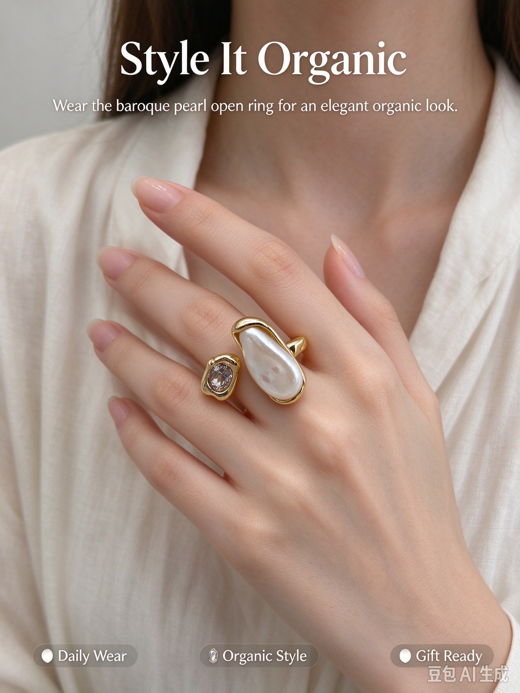Teardrop Baroque Pearl & CZ Asymmetric Wrap Ring