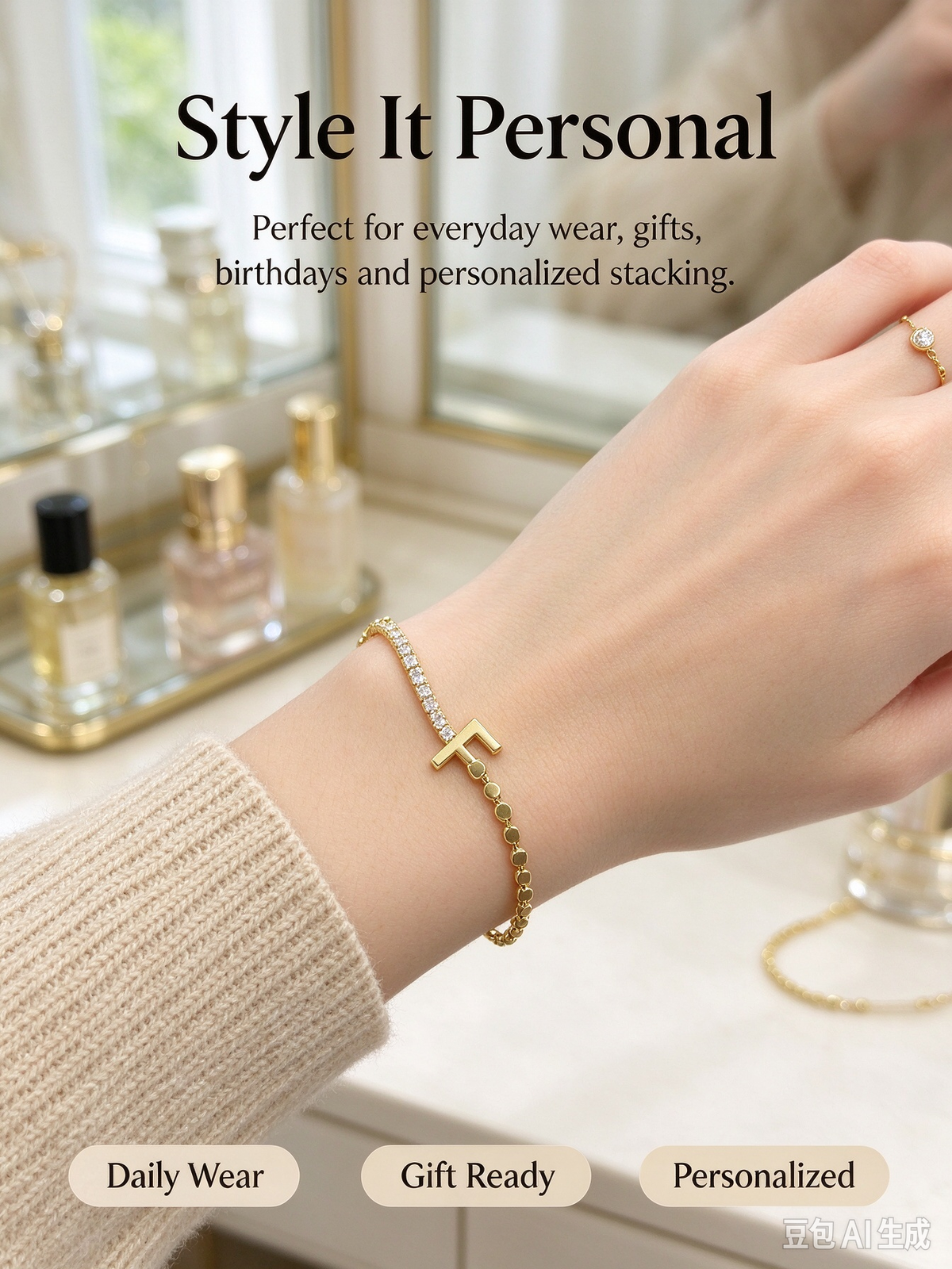 Gold Two-Strand Initial F Bracelet, Dual Chain Letter F Bracelet with Crystal & Bead Chain