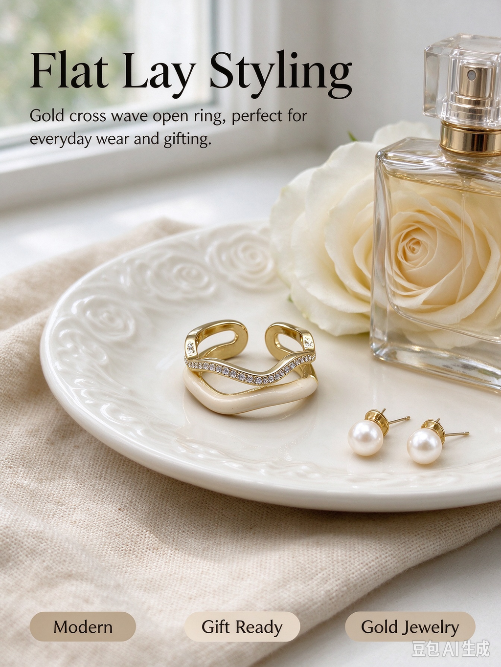 Irregular Twisted Wave Gold Open Ring, Cream Enamel & Micro Pave CZ Adjustable Ring