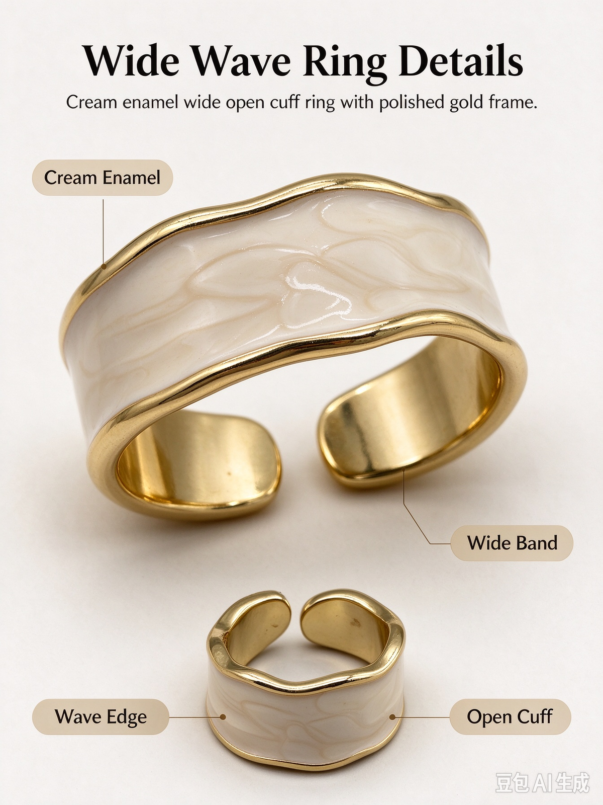 Wavy Wide Band Cream Enamel Cuff Ring, Adjustable Open Statement Ring for Women