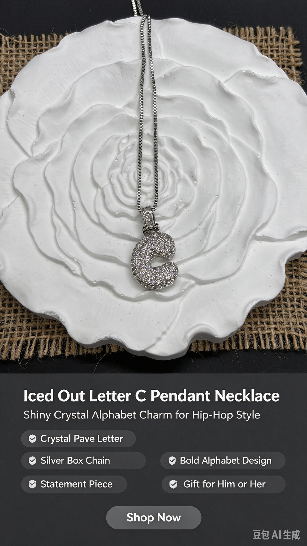 Iced Out Bubble Letter C Necklace, Silver Rhinestone Initial C Pendant with Box Chain, Hip Hop Statement Jewelry