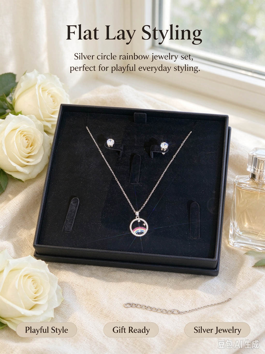 Circle CZ Rainbow Moon Star Necklace and Stud Earring Set, Silver Plated Jewelry Gift Set for Women