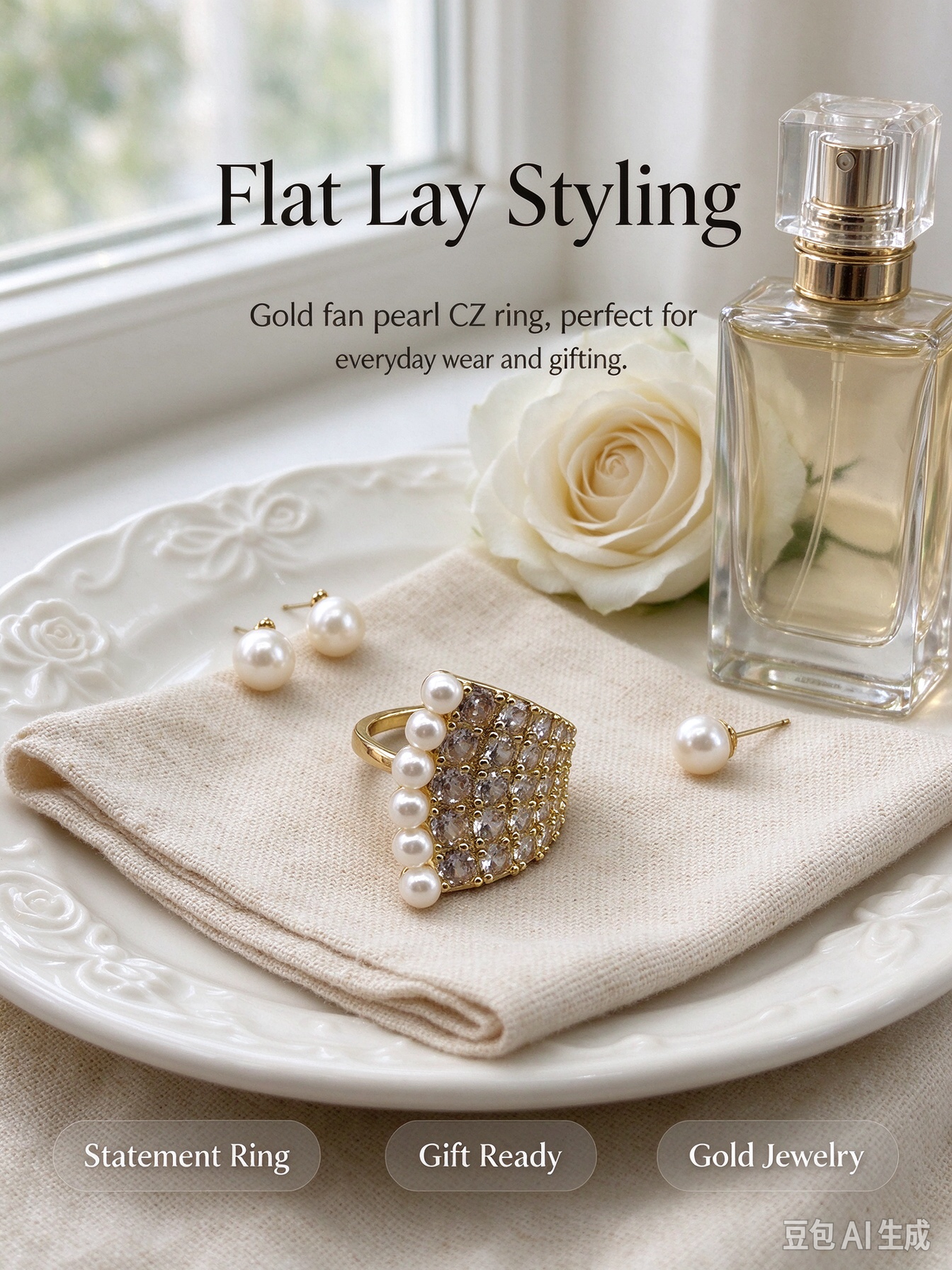 Gold Wide Statement Ring, Chunky Band with Paved CZ Crystals & Vertical Pearls, Adjustable Open Ring for Women