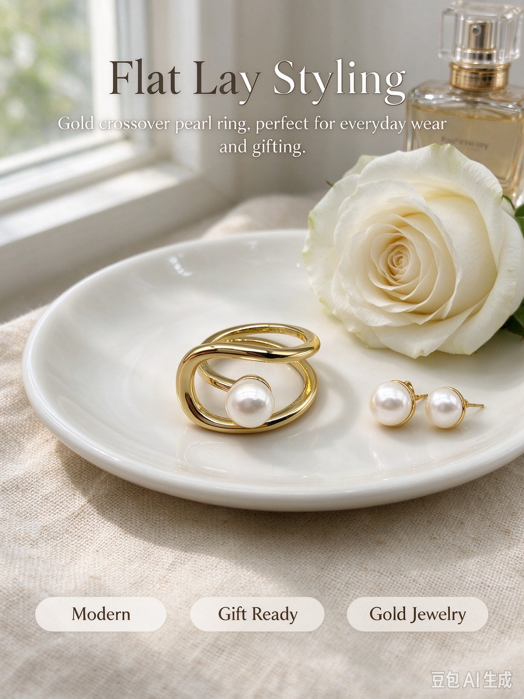 Intertwined Double Band Pearl Open Ring
