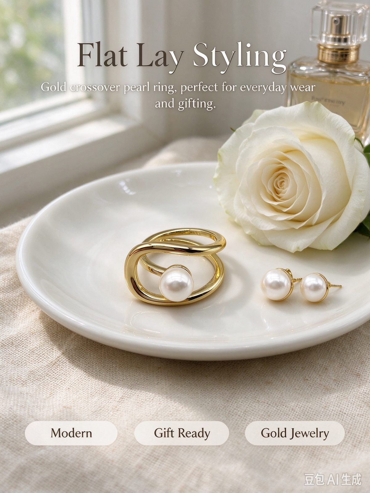Intertwined Double Band Pearl Open Ring