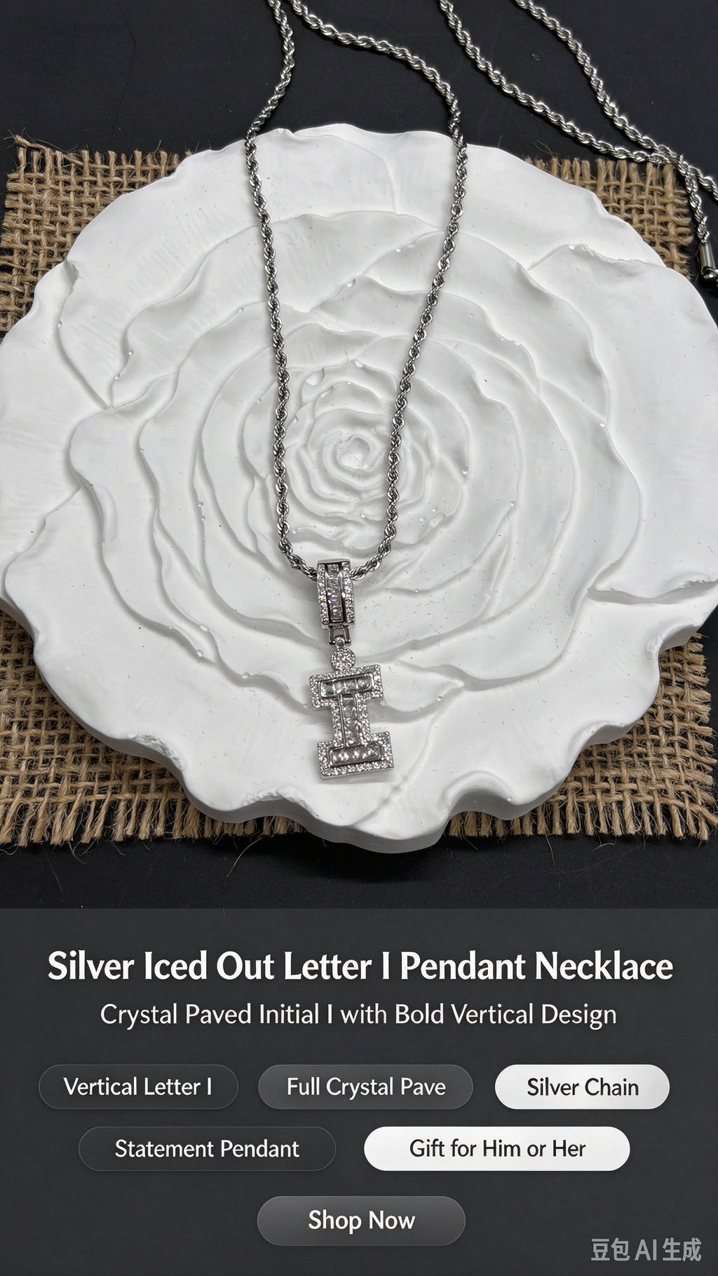 Silver Iced Out Letter I Initial Necklace, Baguette Cut Crystal Pendant, Silver Rope Chain Statement Jewelry
