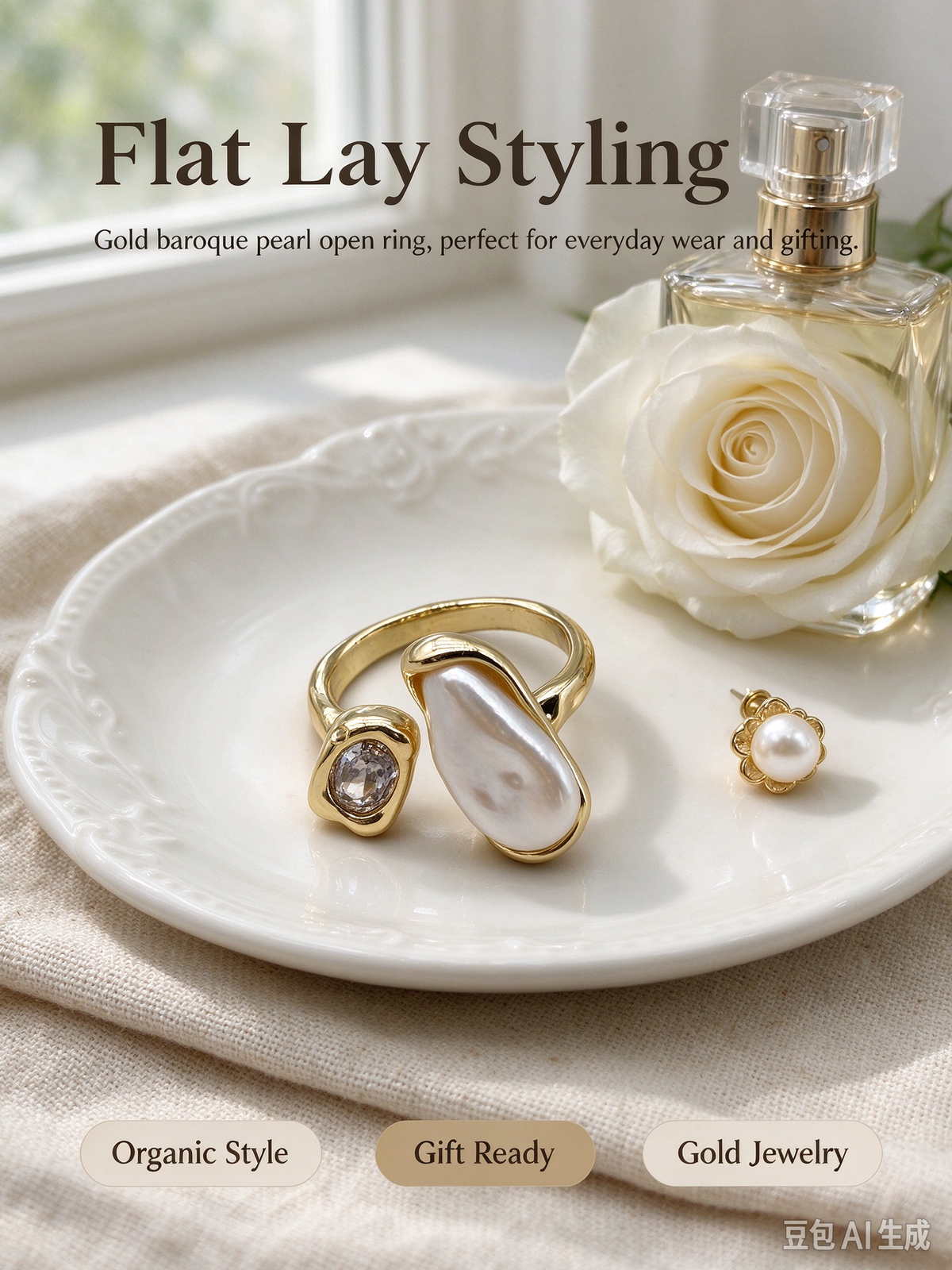 Teardrop Baroque Pearl & CZ Asymmetric Wrap Ring