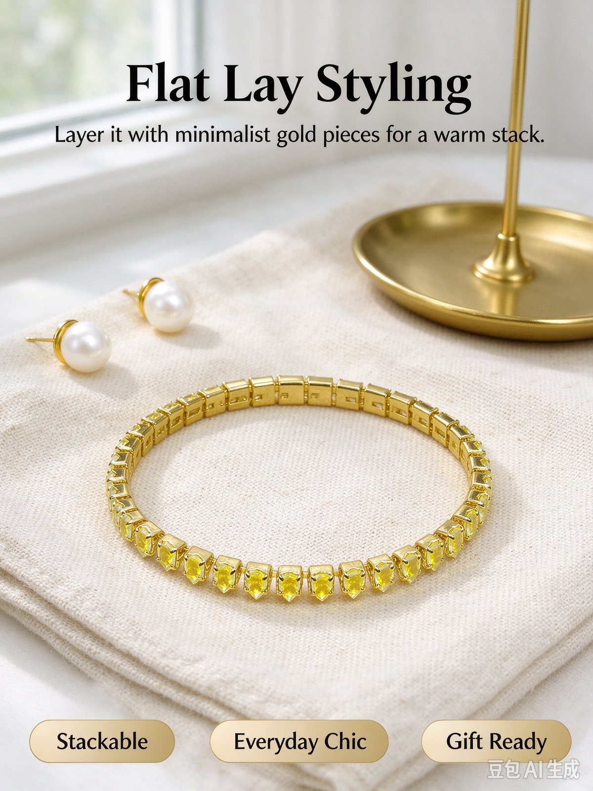 Yellow CZ Tennis Bracelet, Gold Tone Crystal Tennis Bracelet for Women