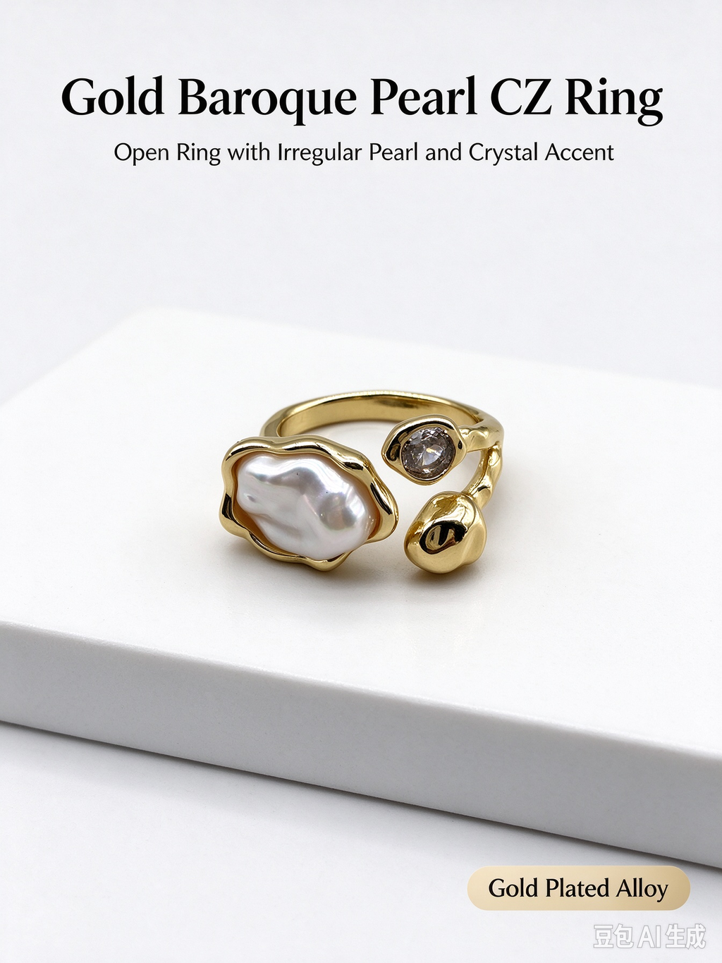 Gold Open Cuff Ring, Irregular Baroque Pearl & Oval CZ Gemstone Statement Ring for Women