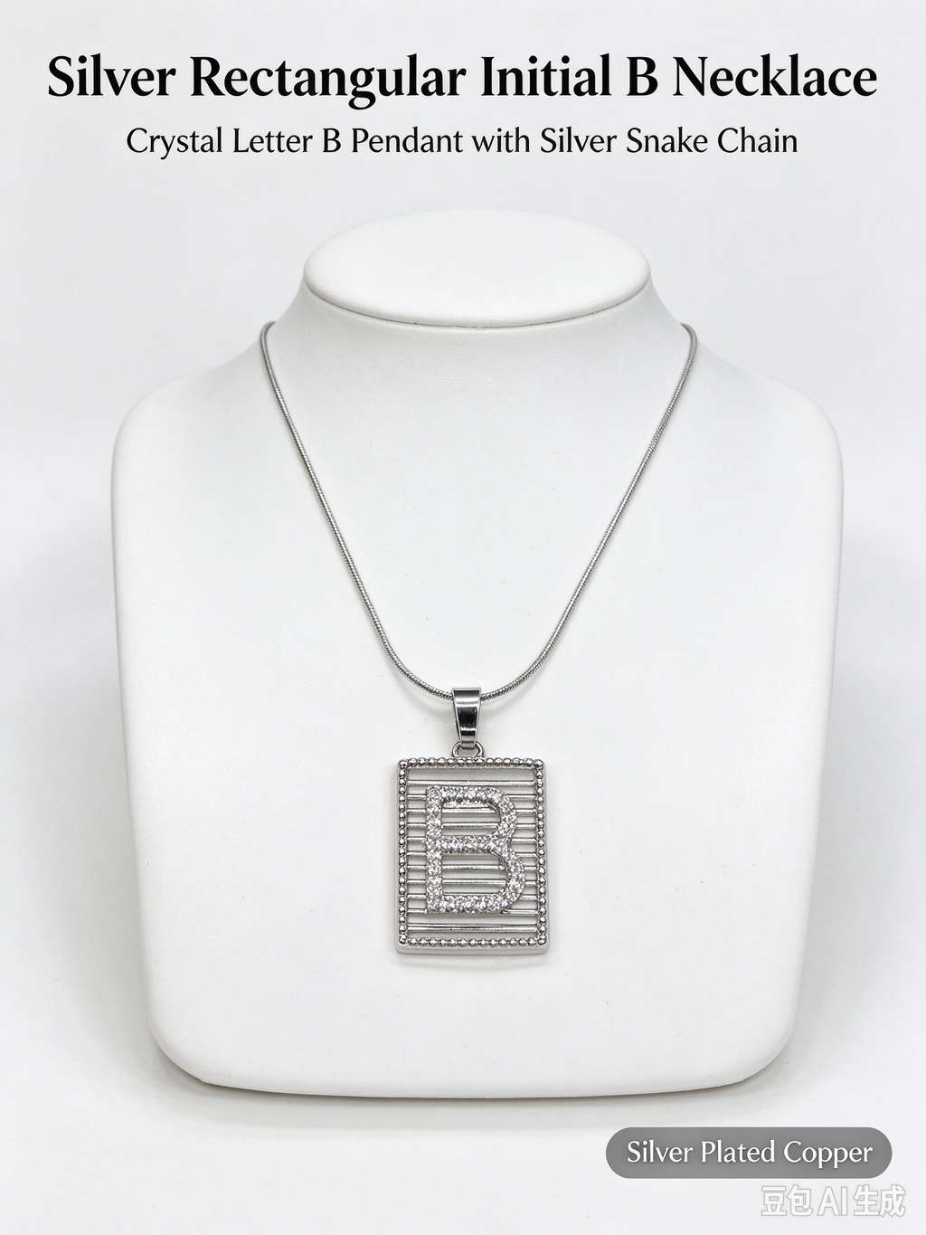 Square Striped B Initial Necklace, Silver Rhinestone Letter Pendant Snake Chain Necklace