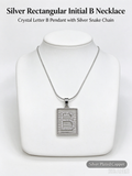 Square Striped B Initial Necklace, Silver Rhinestone Letter Pendant Snake Chain Necklace