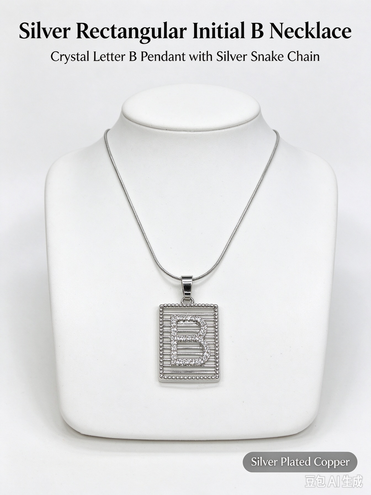 Square Striped B Initial Necklace, Silver Rhinestone Letter Pendant Snake Chain Necklace