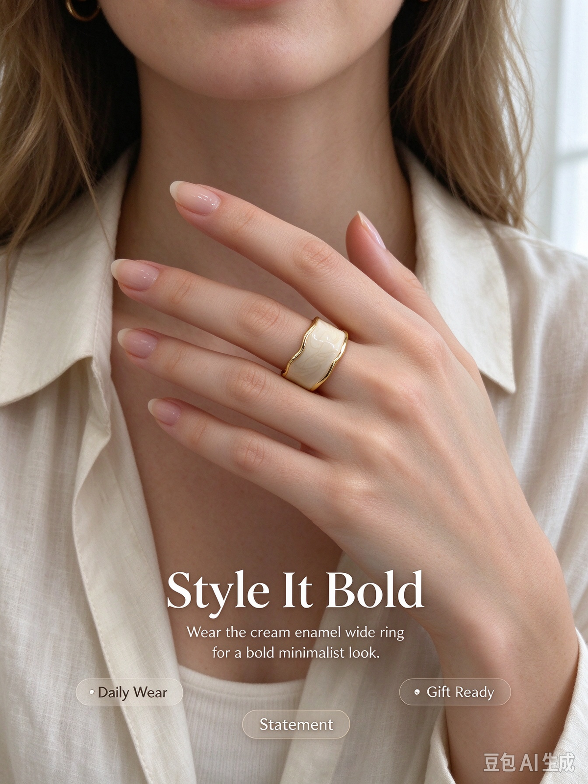 Wavy Wide Band Cream Enamel Cuff Ring, Adjustable Open Statement Ring for Women