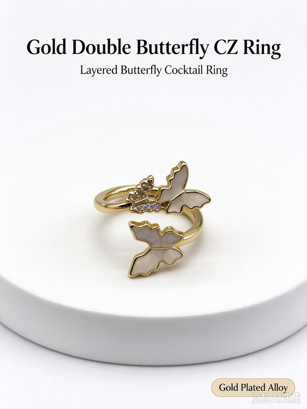 Gold Double Butterfly Open Adjustable Ring, Cream Enamel Butterfly with Sparkling CZ Stones for Women