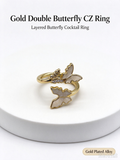 Gold Double Butterfly Open Adjustable Ring, Cream Enamel Butterfly with Sparkling CZ Stones for Women