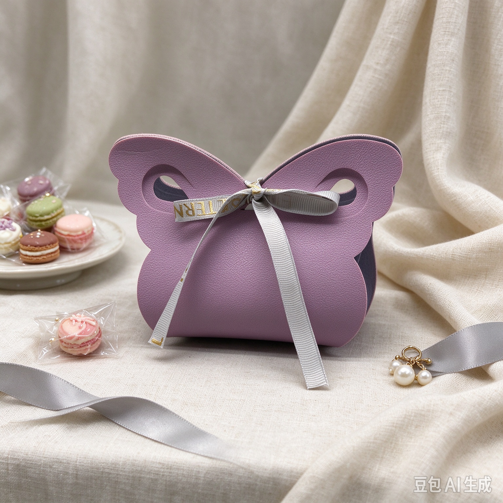 Dusty Purple Butterfly Faux Leather Mini Pouch, Ribbon Bow Small Gift Bag for Wedding Favors, Bridal Shower, Party Candy & Tiny Trinkets