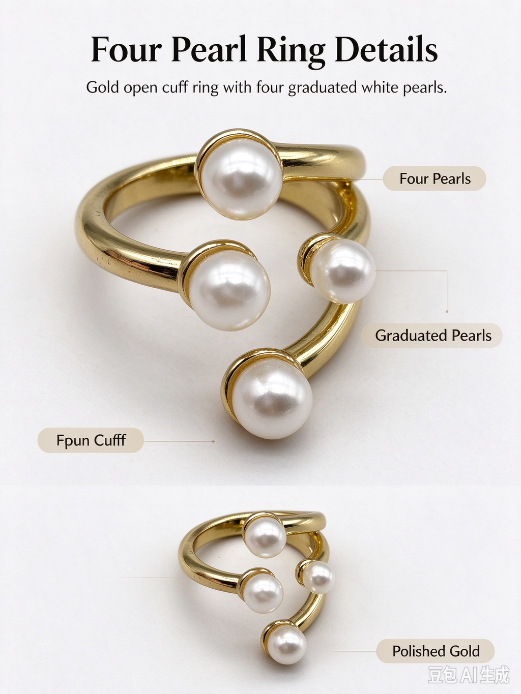 Four Pearl Spiral Gold Open Adjustable Ring