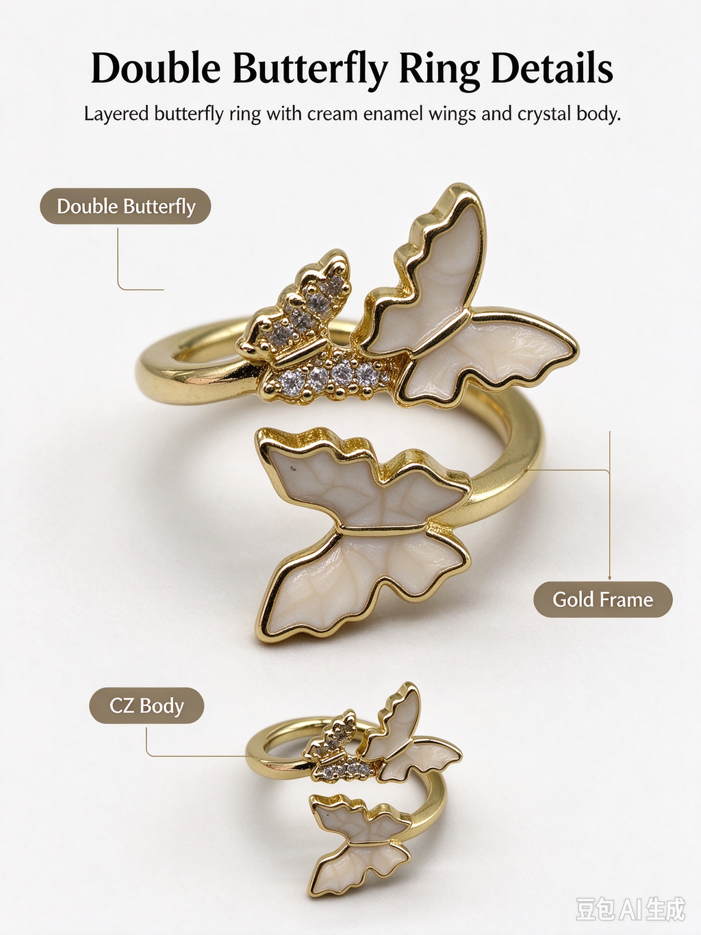 Gold Double Butterfly Open Adjustable Ring, Cream Enamel Butterfly with Sparkling CZ Stones for Women
