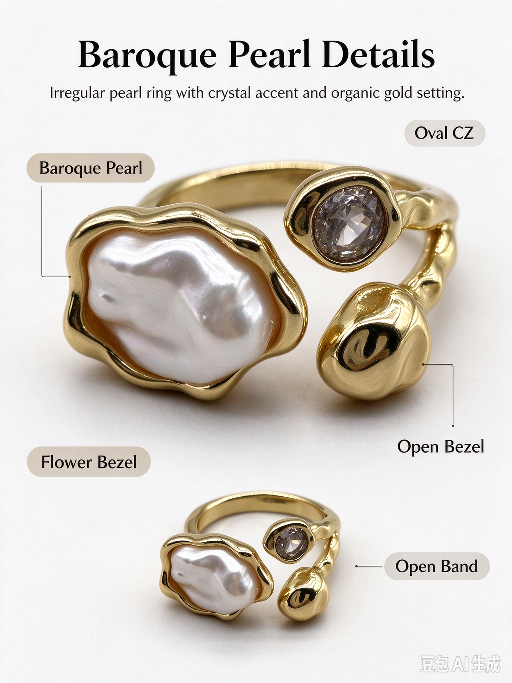 Gold Open Cuff Ring, Irregular Baroque Pearl & Oval CZ Gemstone Statement Ring for Women