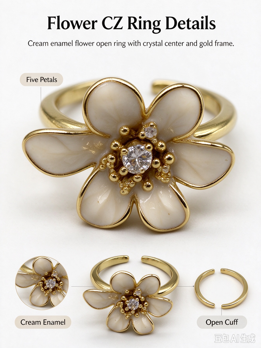 Large Cream Enamel Flower Open Ring with Crystal Center, Adjustable Floral Statement Ring