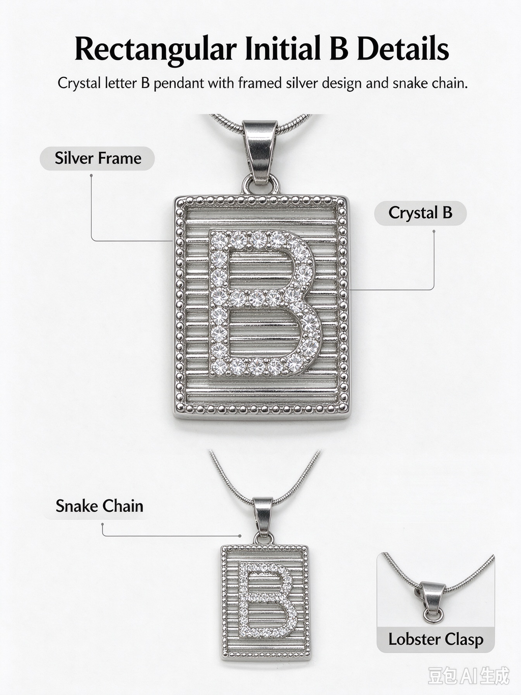 Square Striped B Initial Necklace, Silver Rhinestone Letter Pendant Snake Chain Necklace