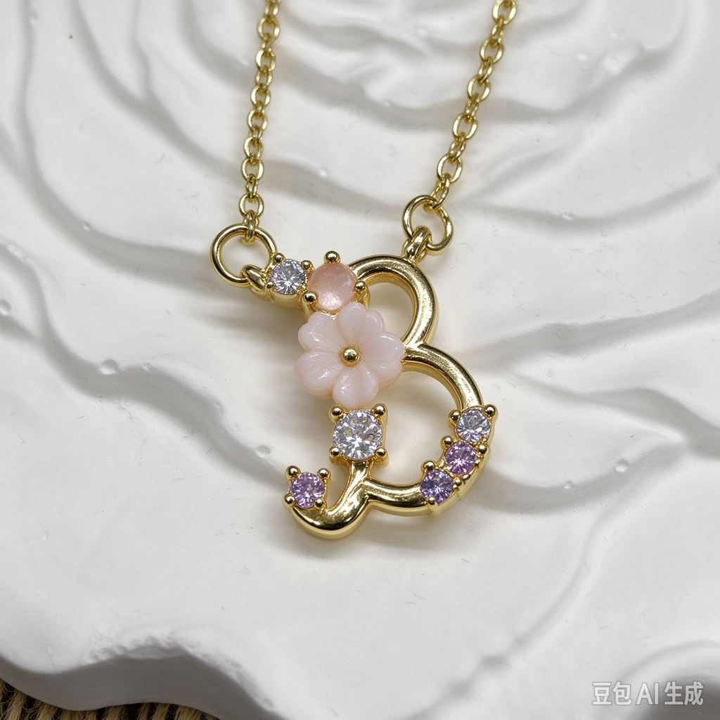 Dainty Gold Floral Letter B Initial Necklace, Pink Flower & Multicolor Crystal Pendant, Romantic Women Jewelry Gift