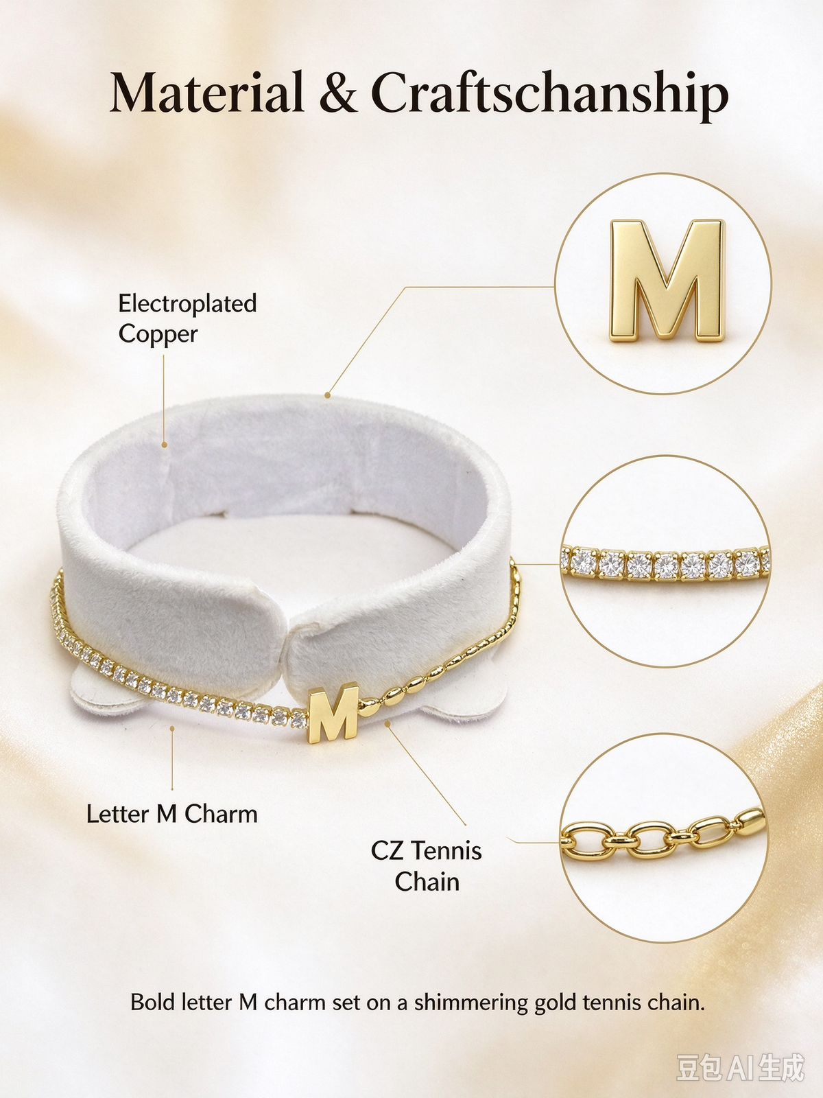 Gold Two-Strand Initial M Bracelet, Dual Chain Letter M Bracelet with Crystal & Tiny Bead Chain