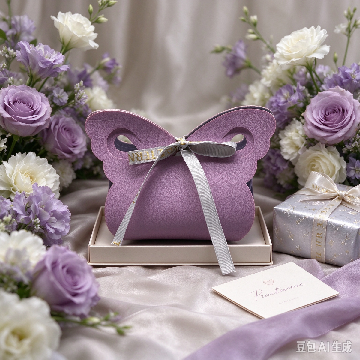 Dusty Purple Butterfly Faux Leather Mini Pouch, Ribbon Bow Small Gift Bag for Wedding Favors, Bridal Shower, Party Candy & Tiny Trinkets