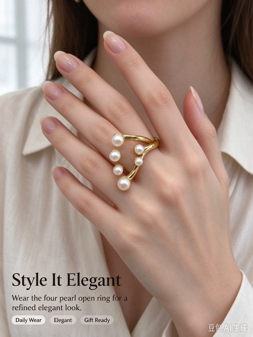 Four Pearl Spiral Gold Open Adjustable Ring
