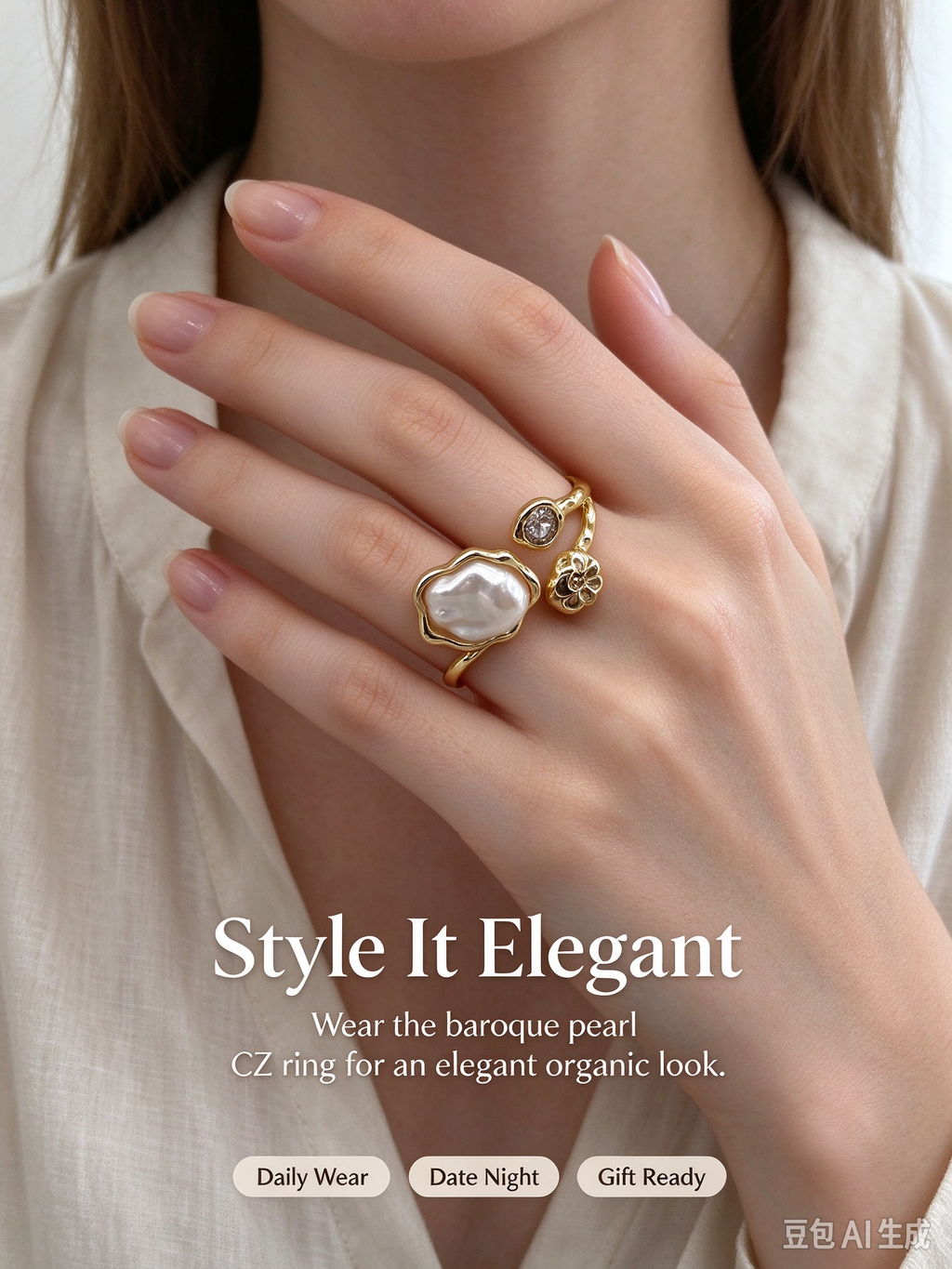 Gold Open Cuff Ring, Irregular Baroque Pearl & Oval CZ Gemstone Statement Ring for Women