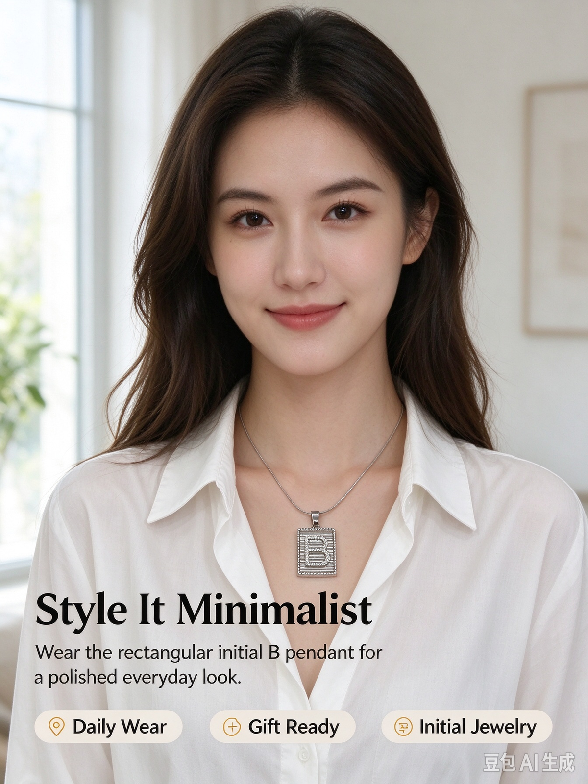Square Striped B Initial Necklace, Silver Rhinestone Letter Pendant Snake Chain Necklace
