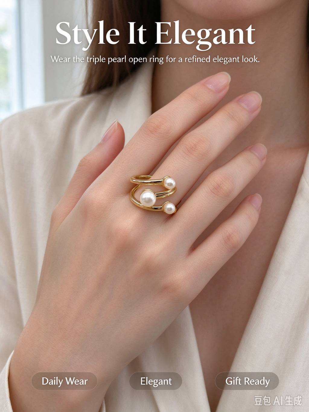 Spiral Triple Pearls Layered Open Ring