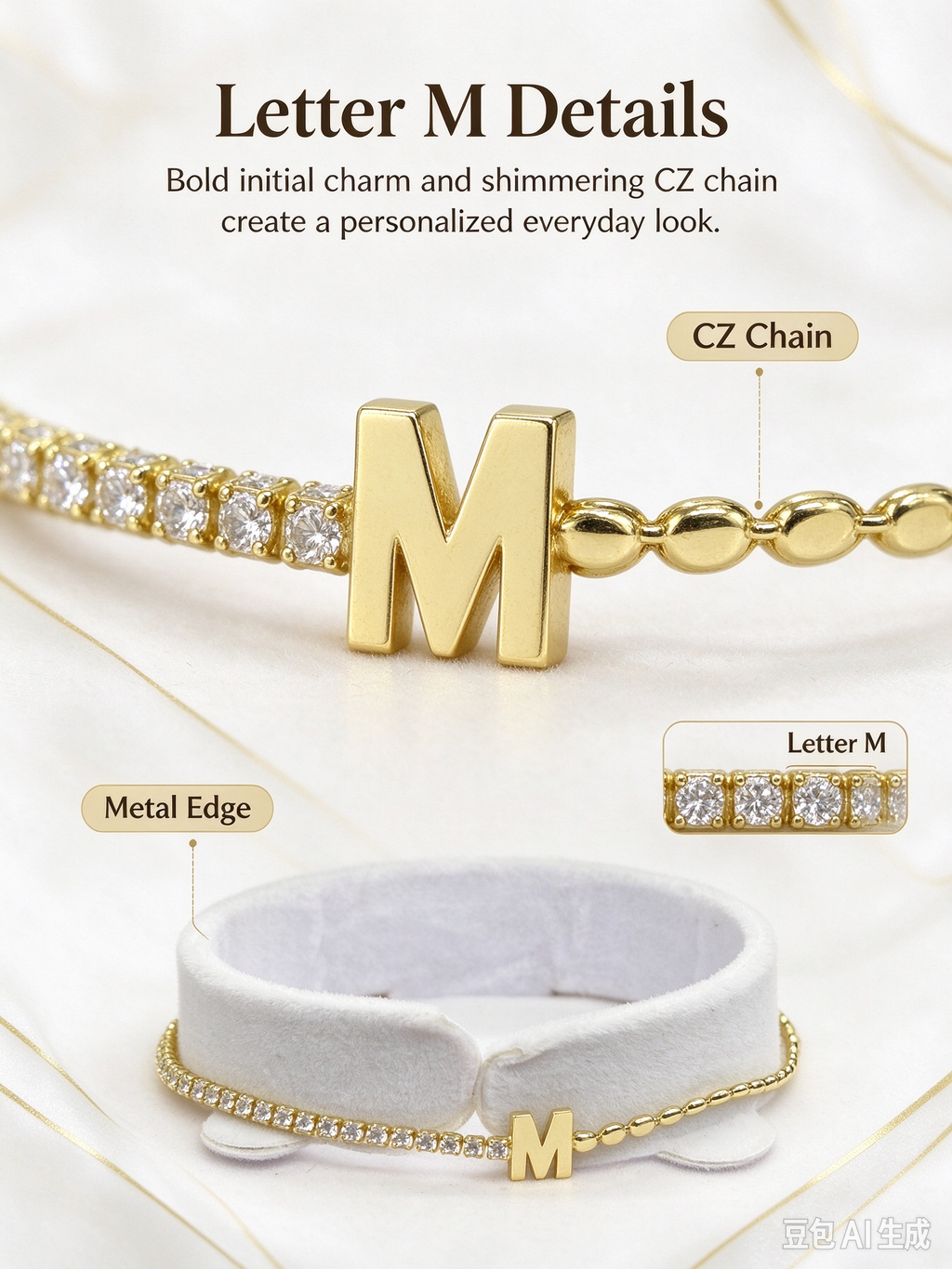 Gold Two-Strand Initial M Bracelet, Dual Chain Letter M Bracelet with Crystal & Tiny Bead Chain