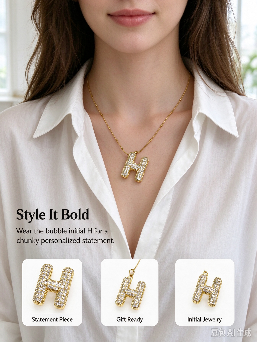 Gold Bubble Letter H Necklace, Full Pave CZ Bold Initial H Pendant with Beaded Snake Chain