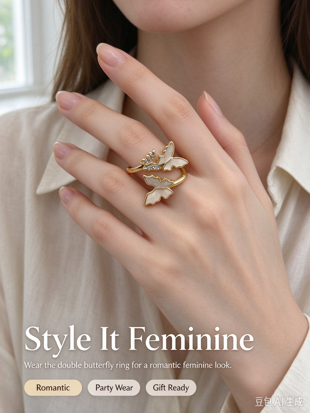 Gold Double Butterfly Open Adjustable Ring, Cream Enamel Butterfly with Sparkling CZ Stones for Women
