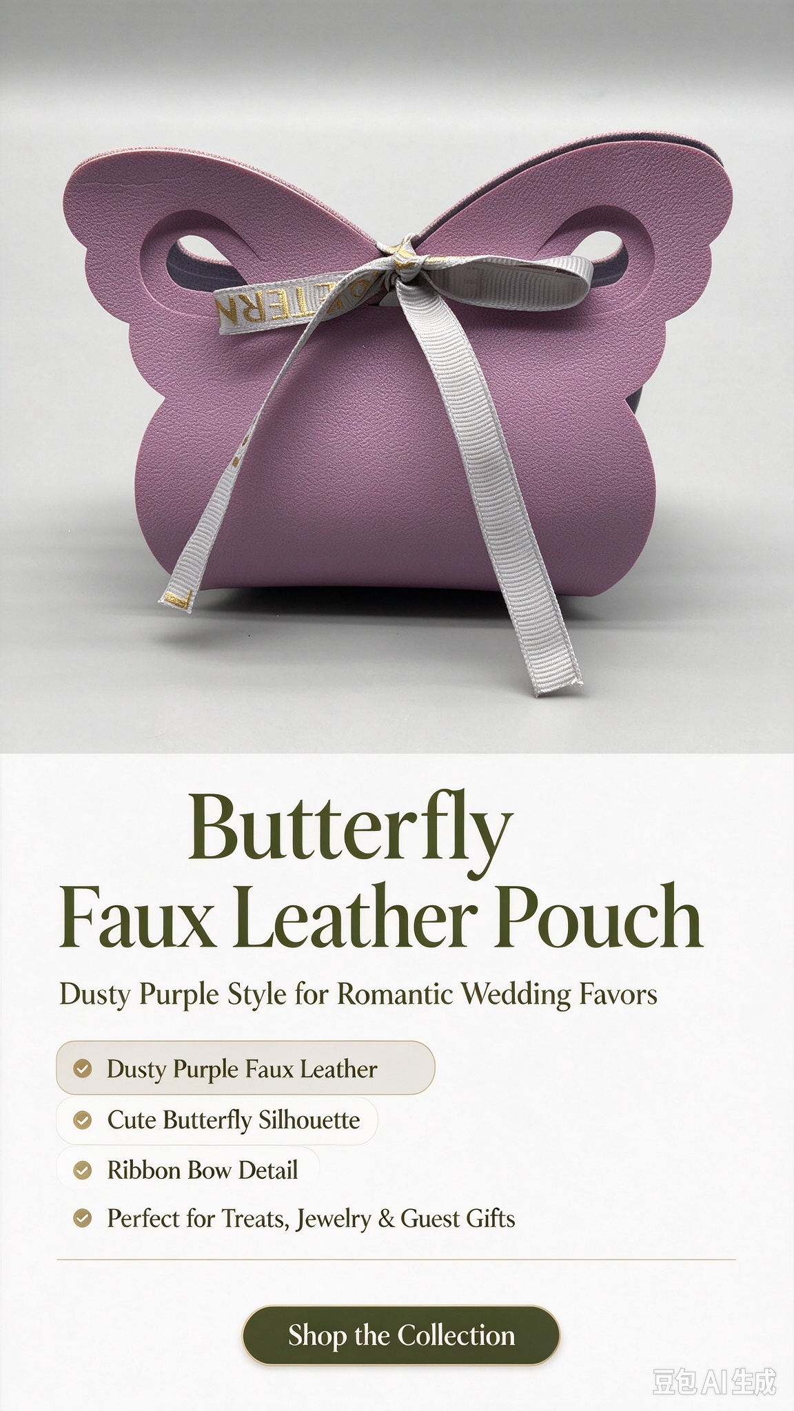 Dusty Purple Butterfly Faux Leather Mini Pouch, Ribbon Bow Small Gift Bag for Wedding Favors, Bridal Shower, Party Candy & Tiny Trinkets