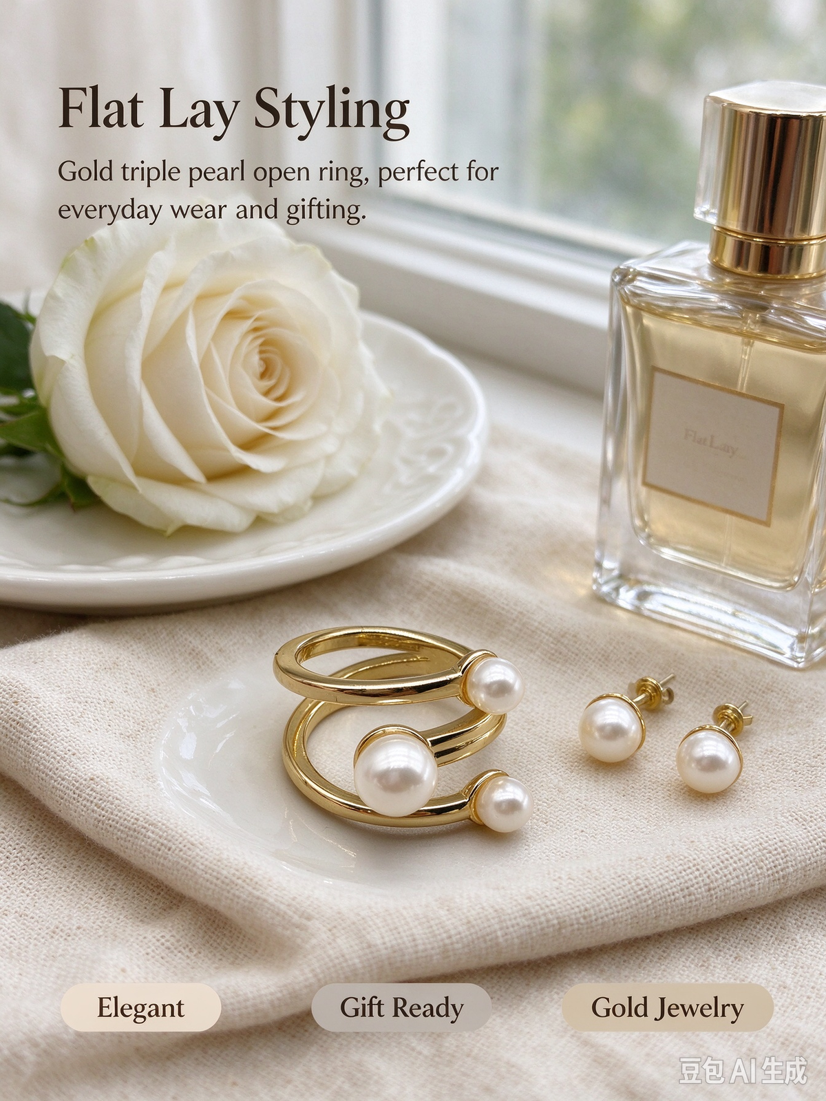 Spiral Triple Pearls Layered Open Ring