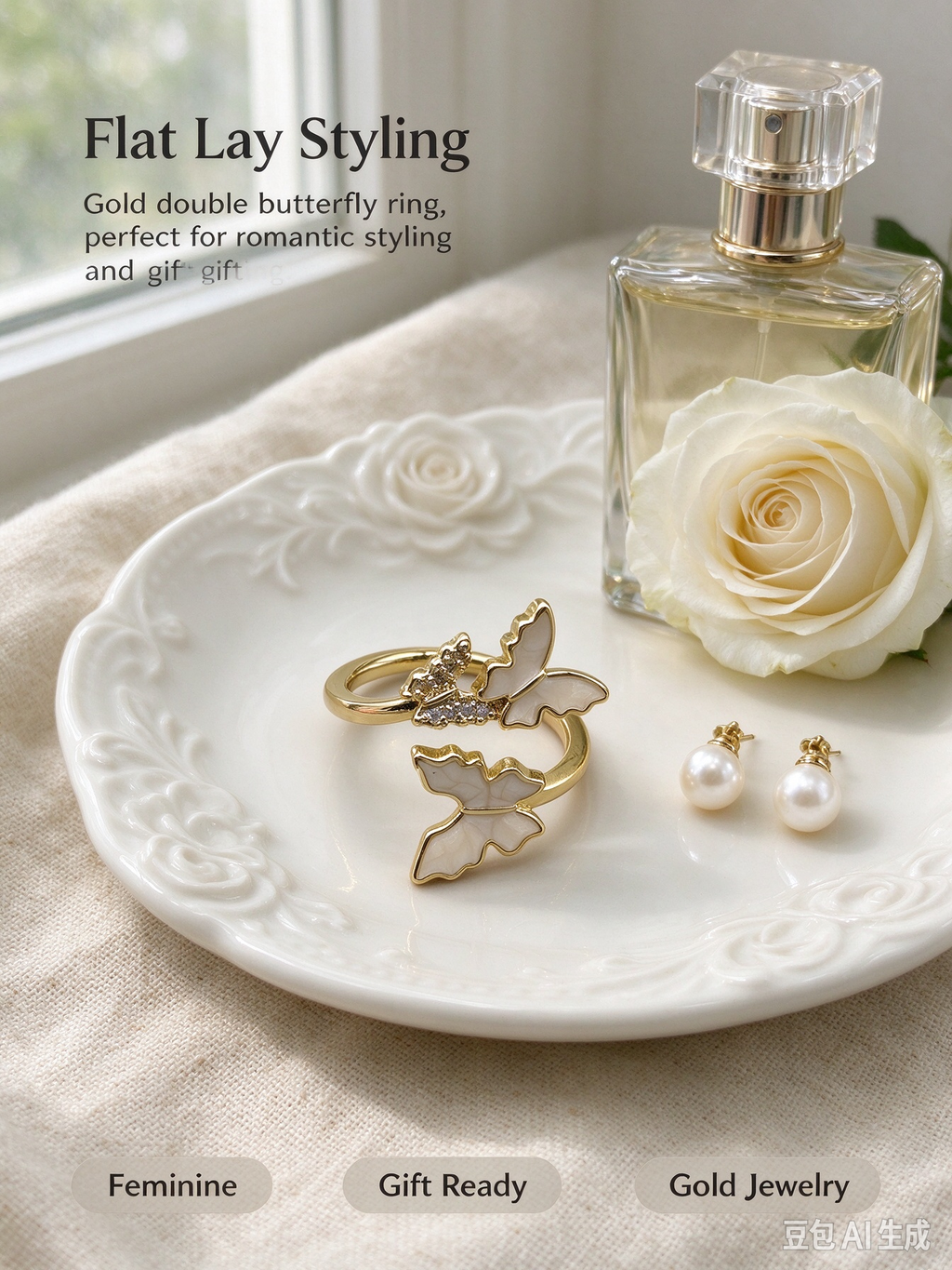 Gold Double Butterfly Open Adjustable Ring, Cream Enamel Butterfly with Sparkling CZ Stones for Women