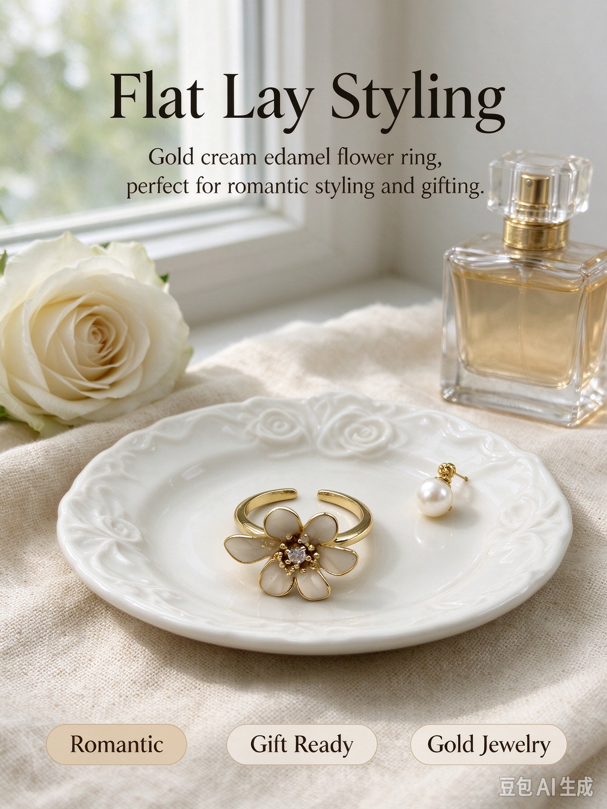Large Cream Enamel Flower Open Ring with Crystal Center, Adjustable Floral Statement Ring