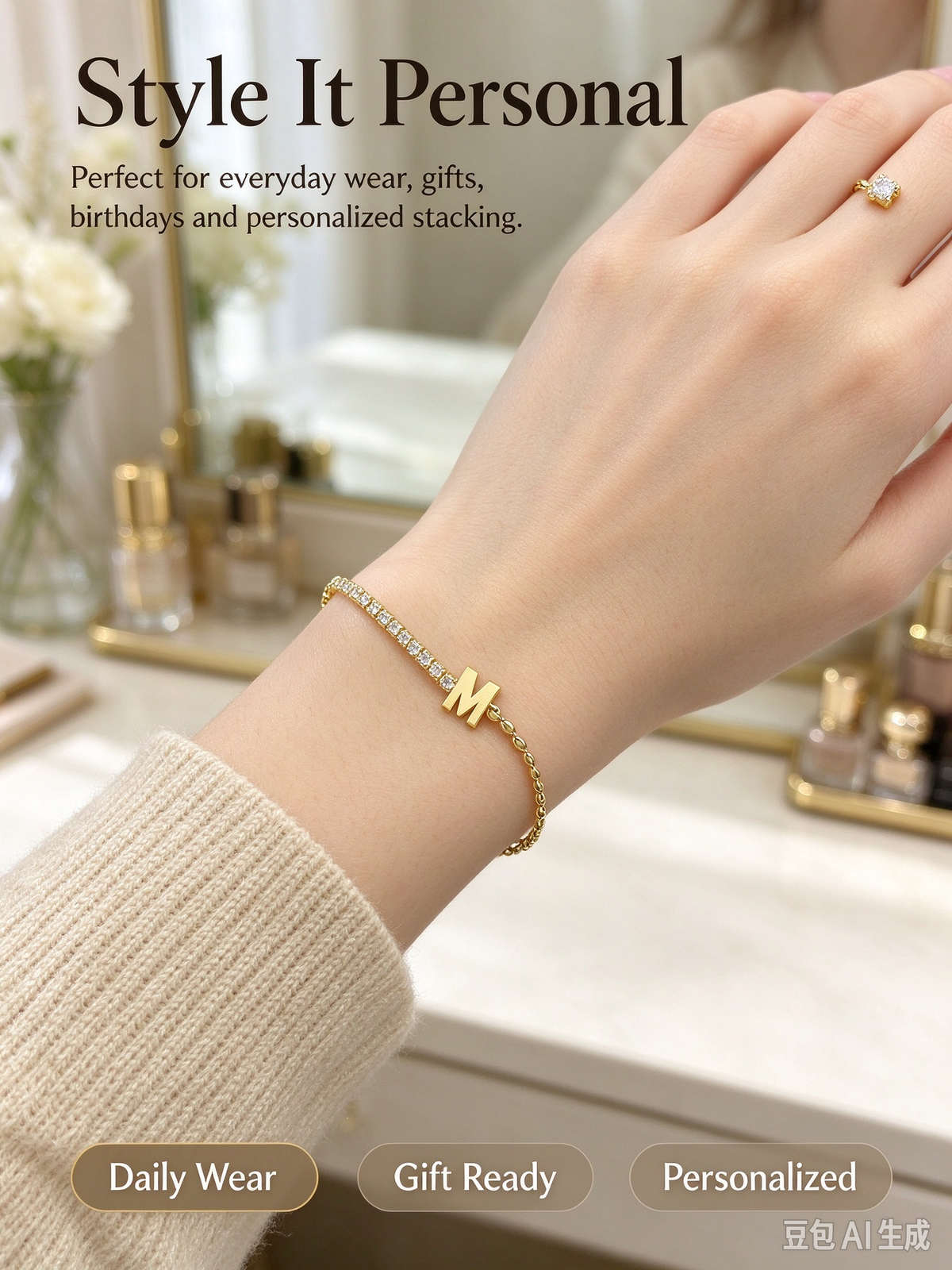 Gold Two-Strand Initial M Bracelet, Dual Chain Letter M Bracelet with Crystal & Tiny Bead Chain