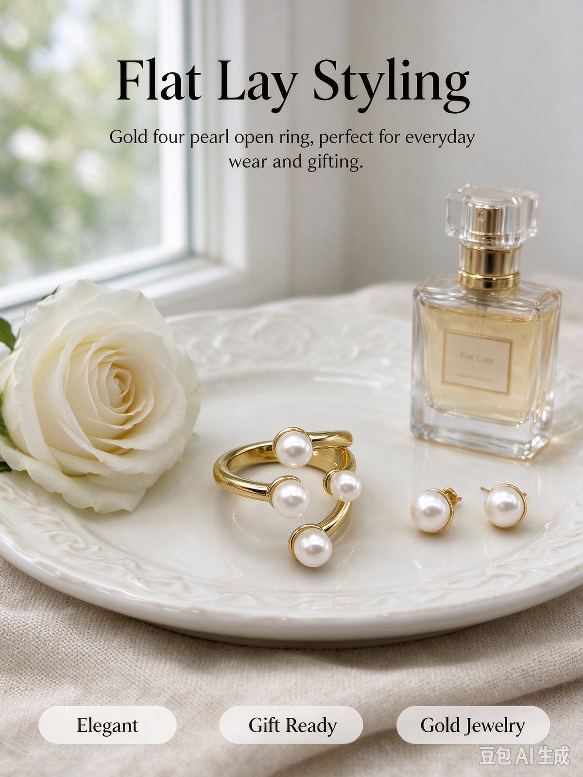 Four Pearl Spiral Gold Open Adjustable Ring