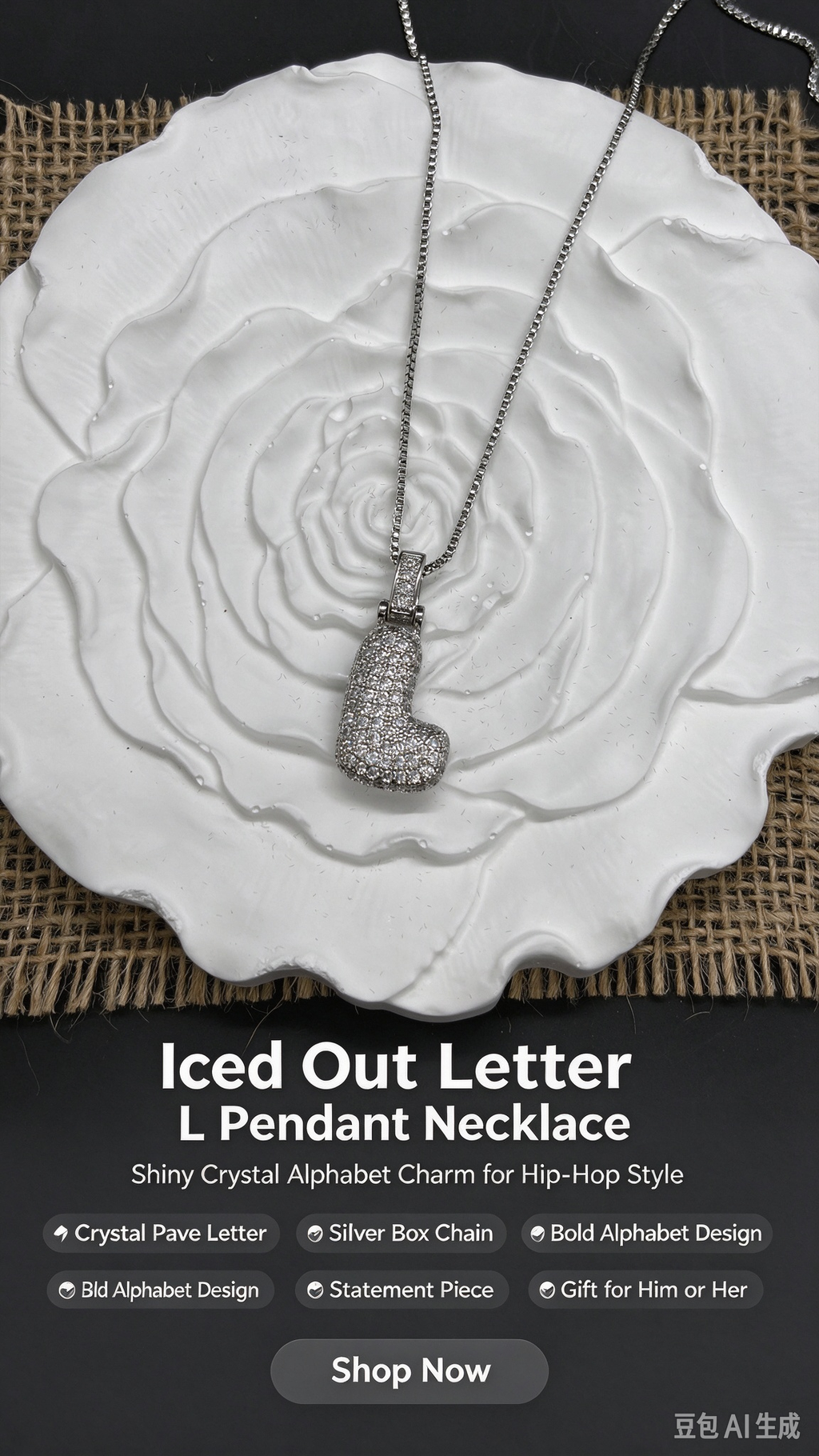 Iced Out Bubble Letter L Necklace, Silver Rhinestone Initial L Pendant with Box Chain, Hip Hop Personalized Jewelry