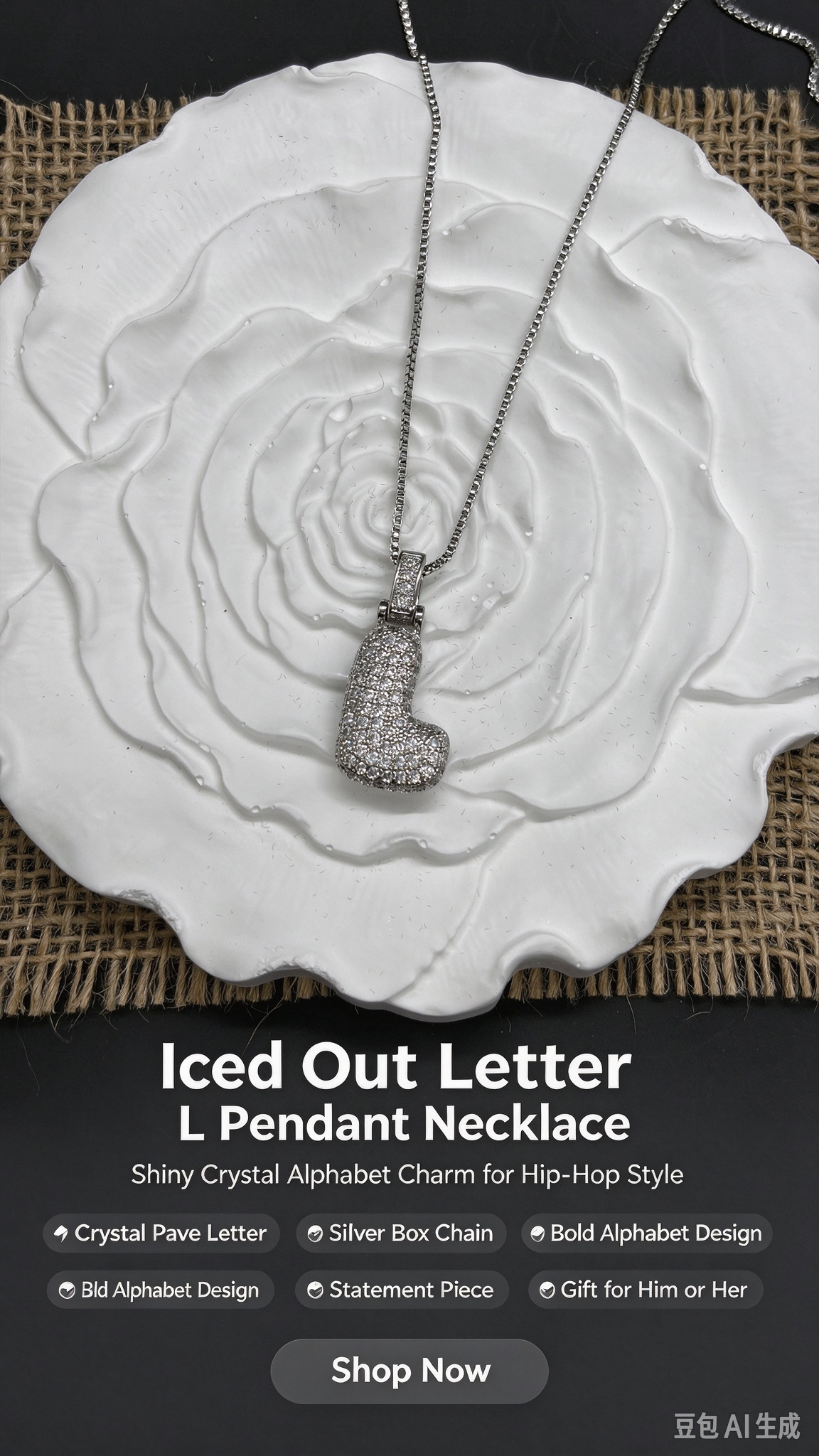 Iced Out Bubble Letter L Necklace, Silver Rhinestone Initial L Pendant with Box Chain, Hip Hop Personalized Jewelry