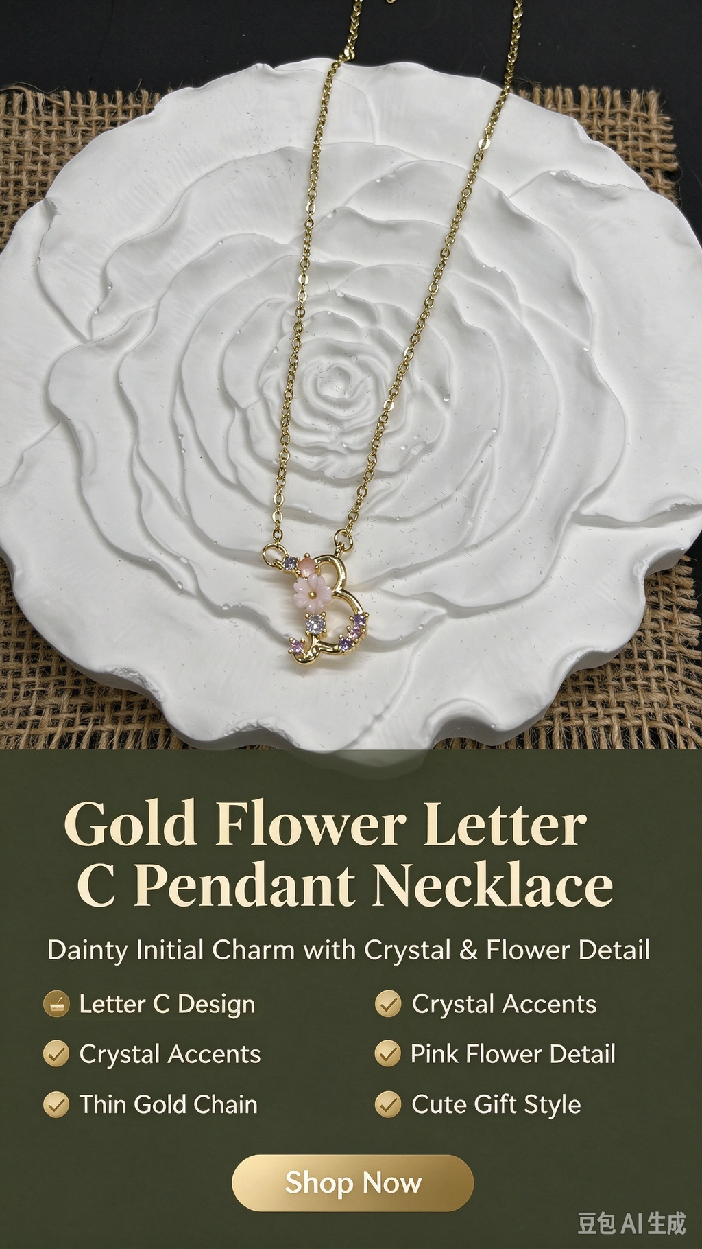 Dainty Gold Floral Letter B Initial Necklace, Pink Flower & Multicolor Crystal Pendant, Romantic Women Jewelry Gift