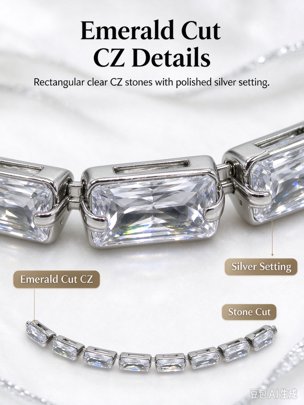 Silver Emerald Cut CZ Tennis Bracelet, Rectangular Clear Crystal Bracelet for Women